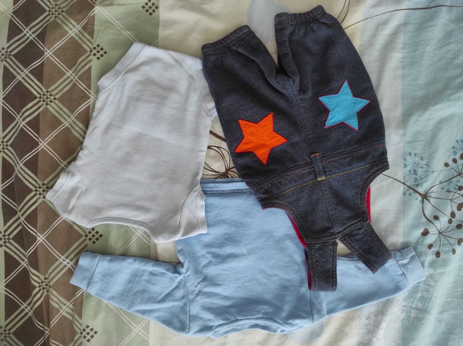 Ubranka niemowlęce, zestaw body, ogrodniczki chłopięce 0-3 mies