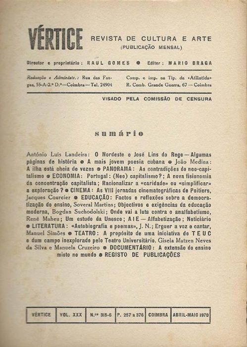 Vértice nº 315 / 316 – Abr. Mai 1970