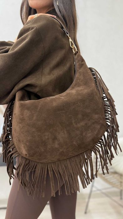 Torebka boho na ramię zamsz brąz czekolada