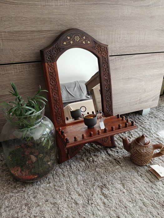 Lustro drewniane etniczne z Indii antyk vintage
