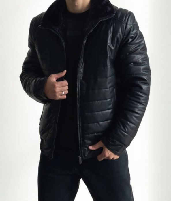 Шкіряна чоловіча тепла зимова стьобана куртка з хутром