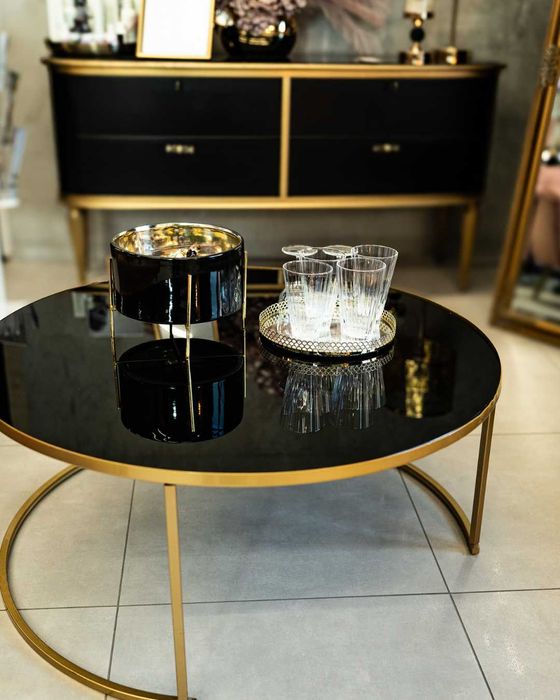 Ława szklana okrągła złoto czarna używana