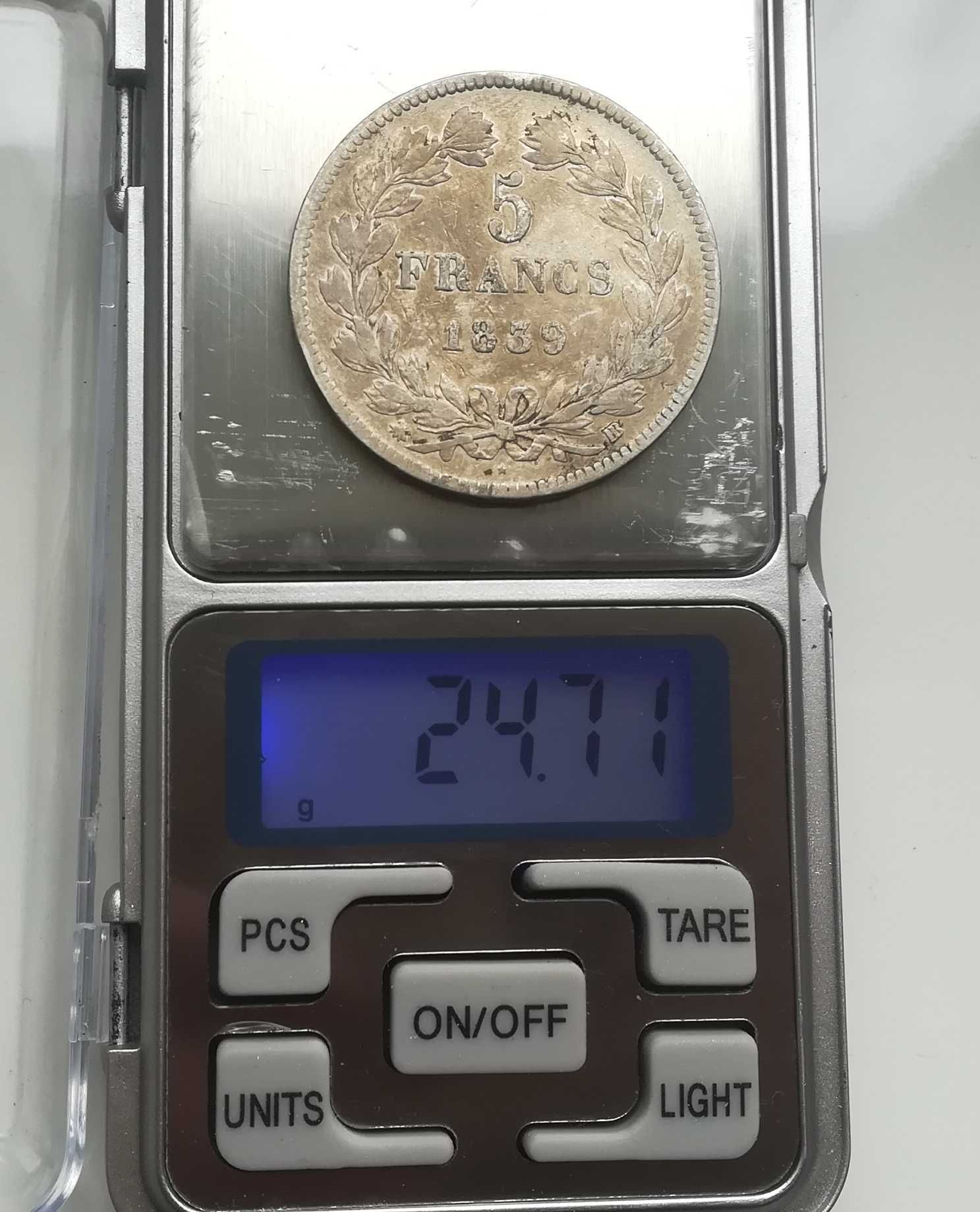 Moneta srebrna srebro 5 franków Francja z 1839 roku typ BB. Srebrne.