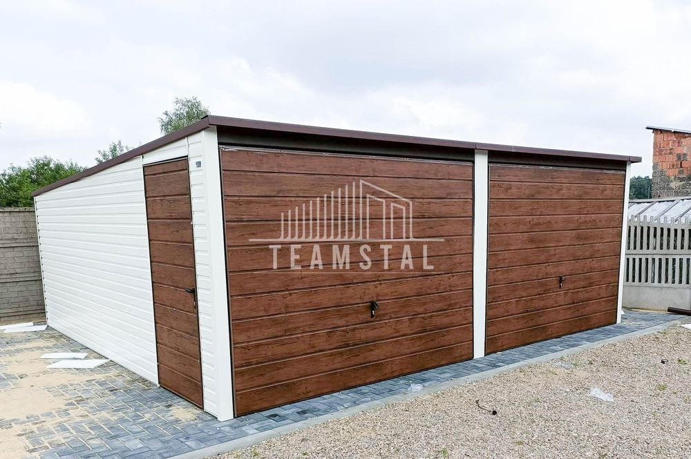GARAŻ BLASZANY 6m x 6m poziom spad tył 2x Brama  drzwi TS252