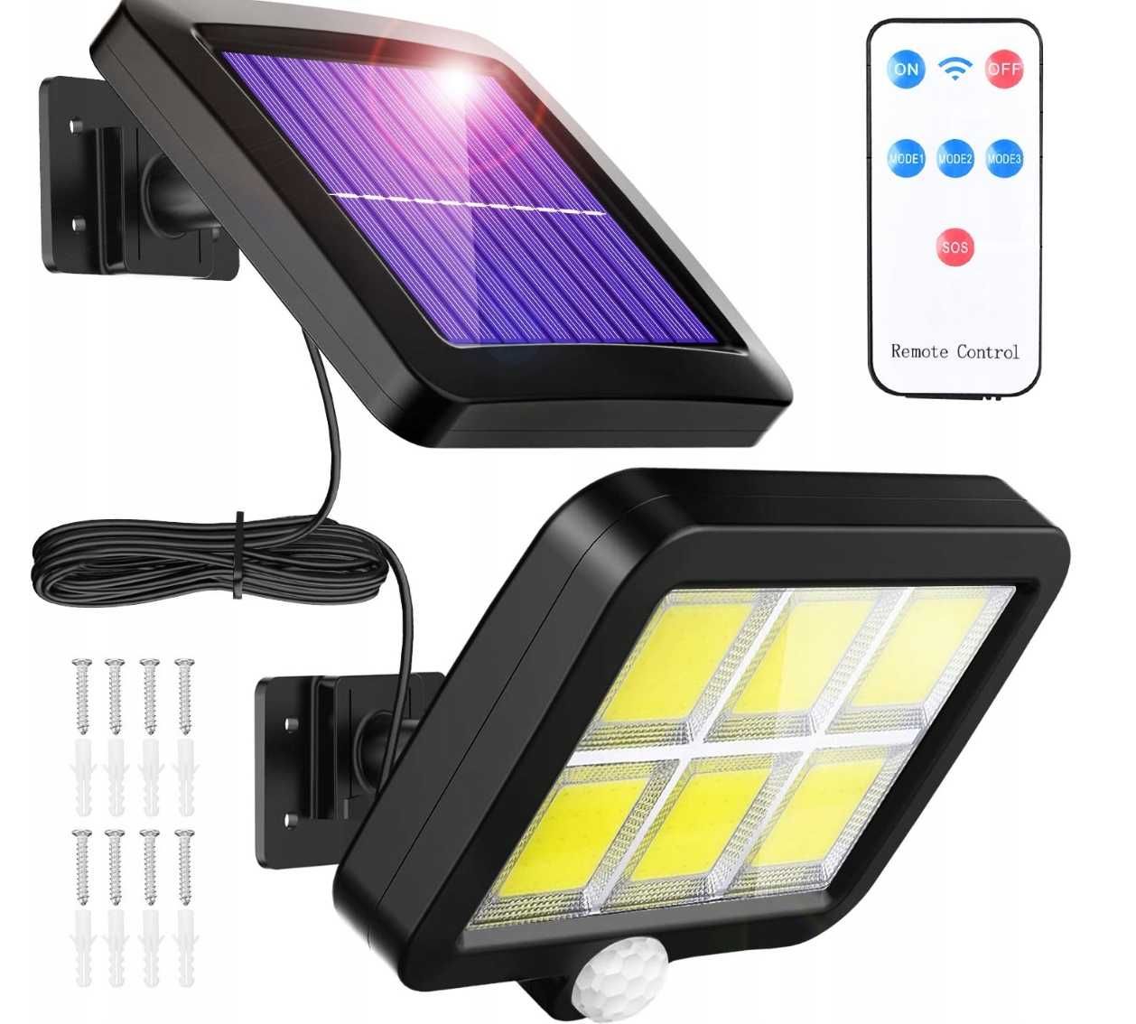 LAMPA SOLARNA LED z czujnikiem ruchu i zmierzchu zewnętrzna + PILOT