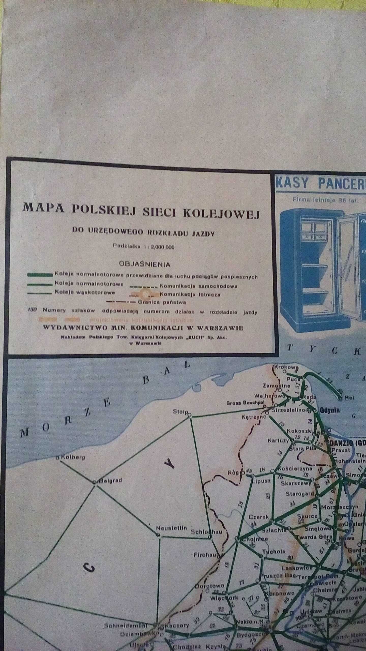 Mapa Polskiej sieci kolejowej 1929 roku.