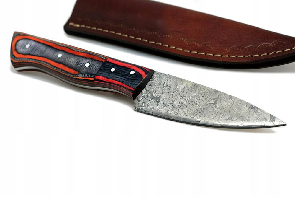 Nóż ręcznie wykonany bushcraft survival stal damasceńska skórzane etui