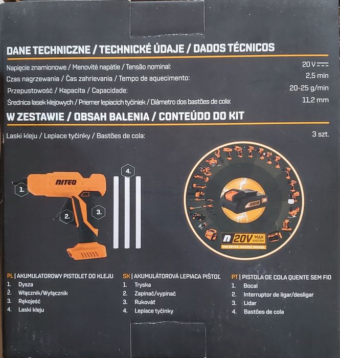 Akumulatorowy pistolet do kleju Niteo 20V MAX  + akumulator + ładowark