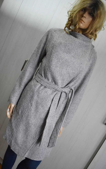Płaszcz wełniany 34 XS szlafrokowy wiązany zimowy do kolan elegancki