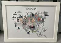 Plakat dziecięcy Euroazja/mapa zwierzęta, A3, stan idealny, ramka