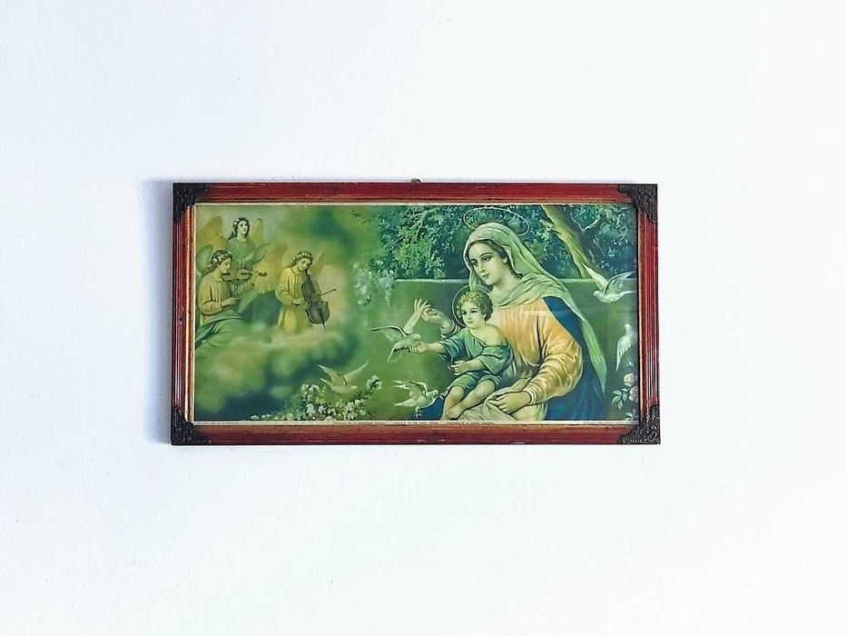 Quadro antigo de imagem da Virgem Maria com os Anjos