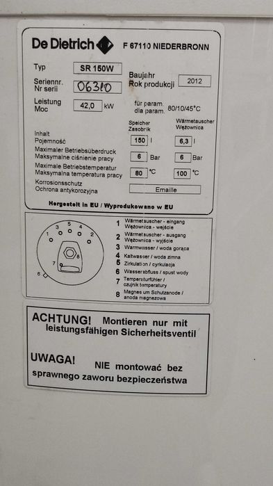 Bojler wymiennik ciepła cwu podgrzewacz stojący De Dietrich SR150W
