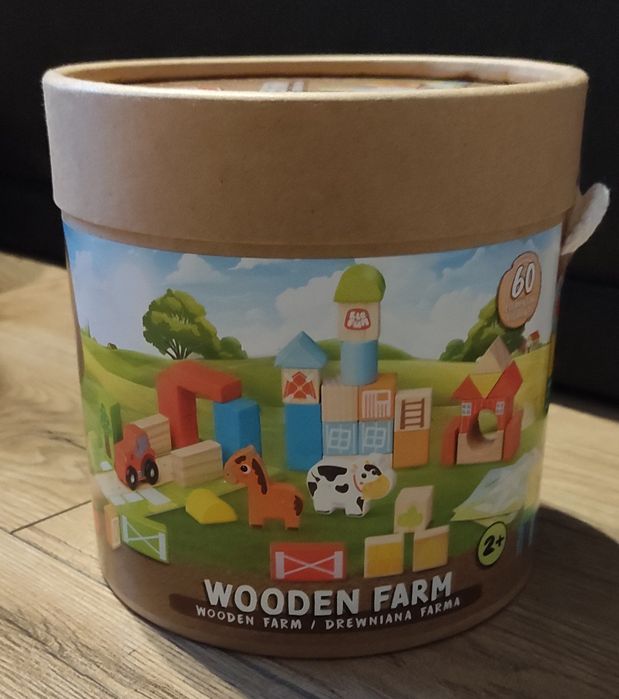 Klocki drewniane w wiaderku Drewniana Farma 60 elementów nowe