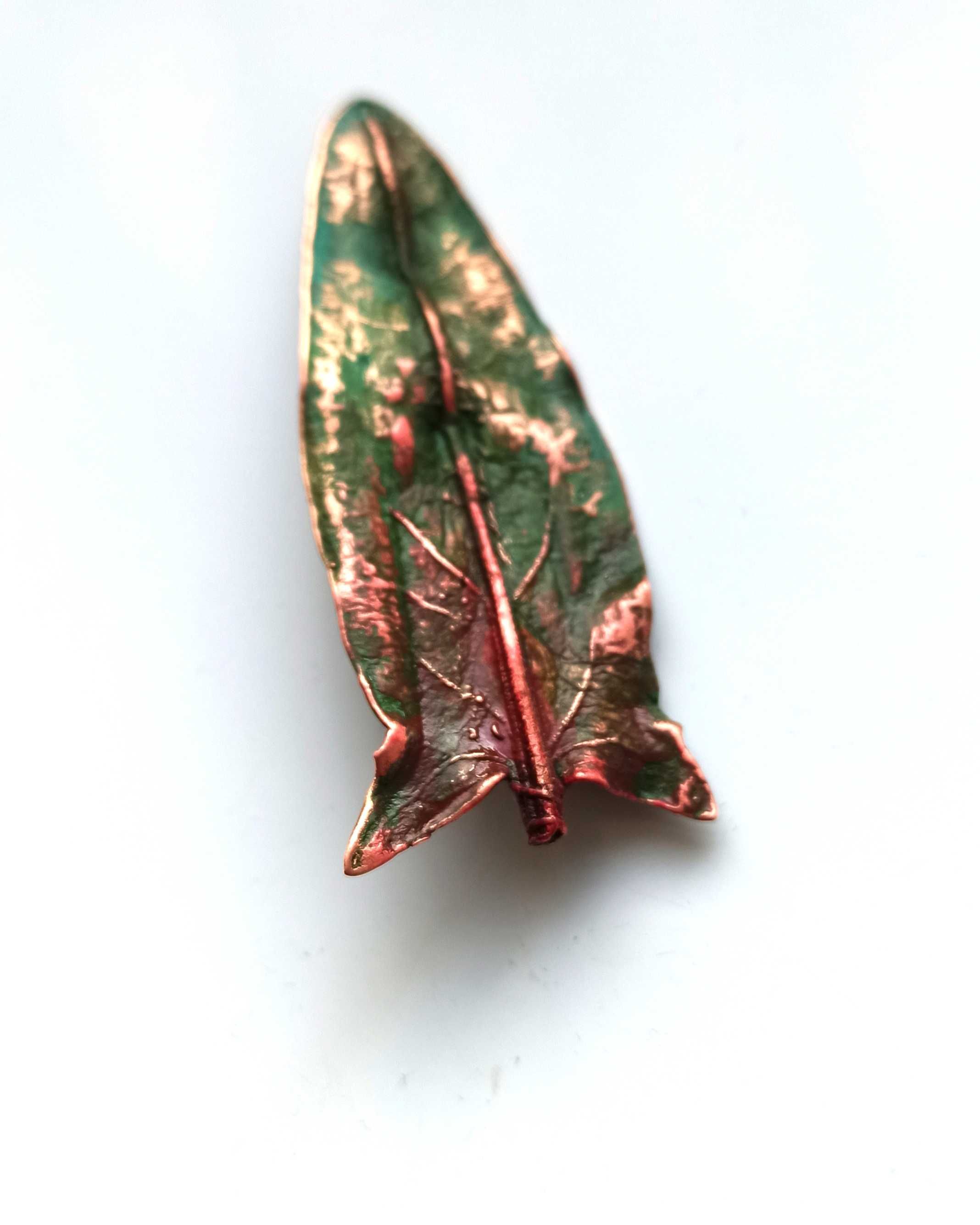 Broszka miedziana liść szczawiu, autorska biżuteria botaniczna