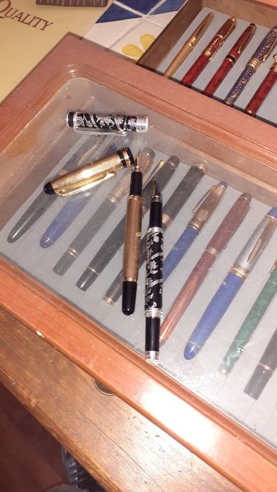 Coleccao 22 canetas , algumas ouro, com estojo em madeira retro