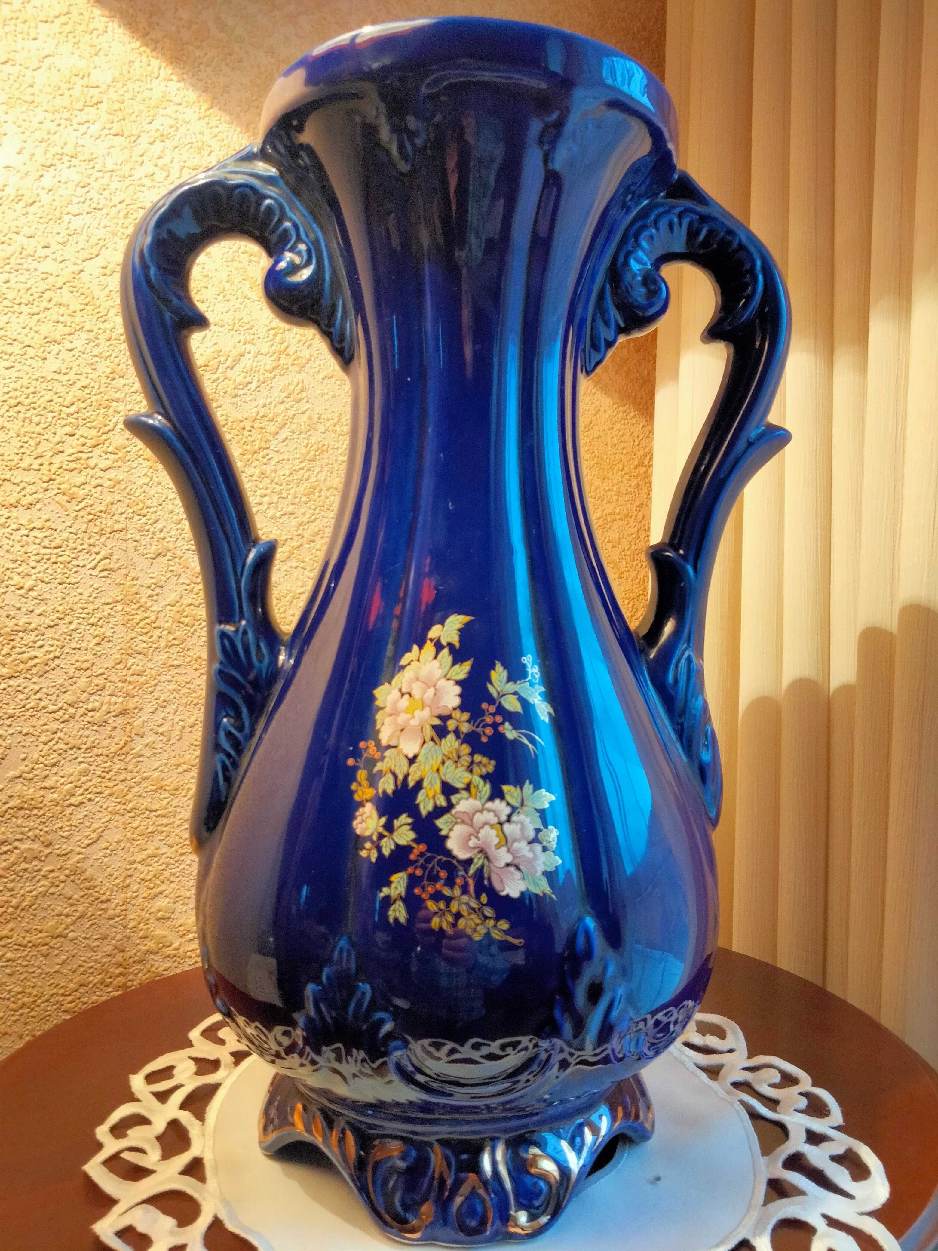 Wielki wazon Kobalt-porcelana włoska sygnowany Rajski ptak-złocony
