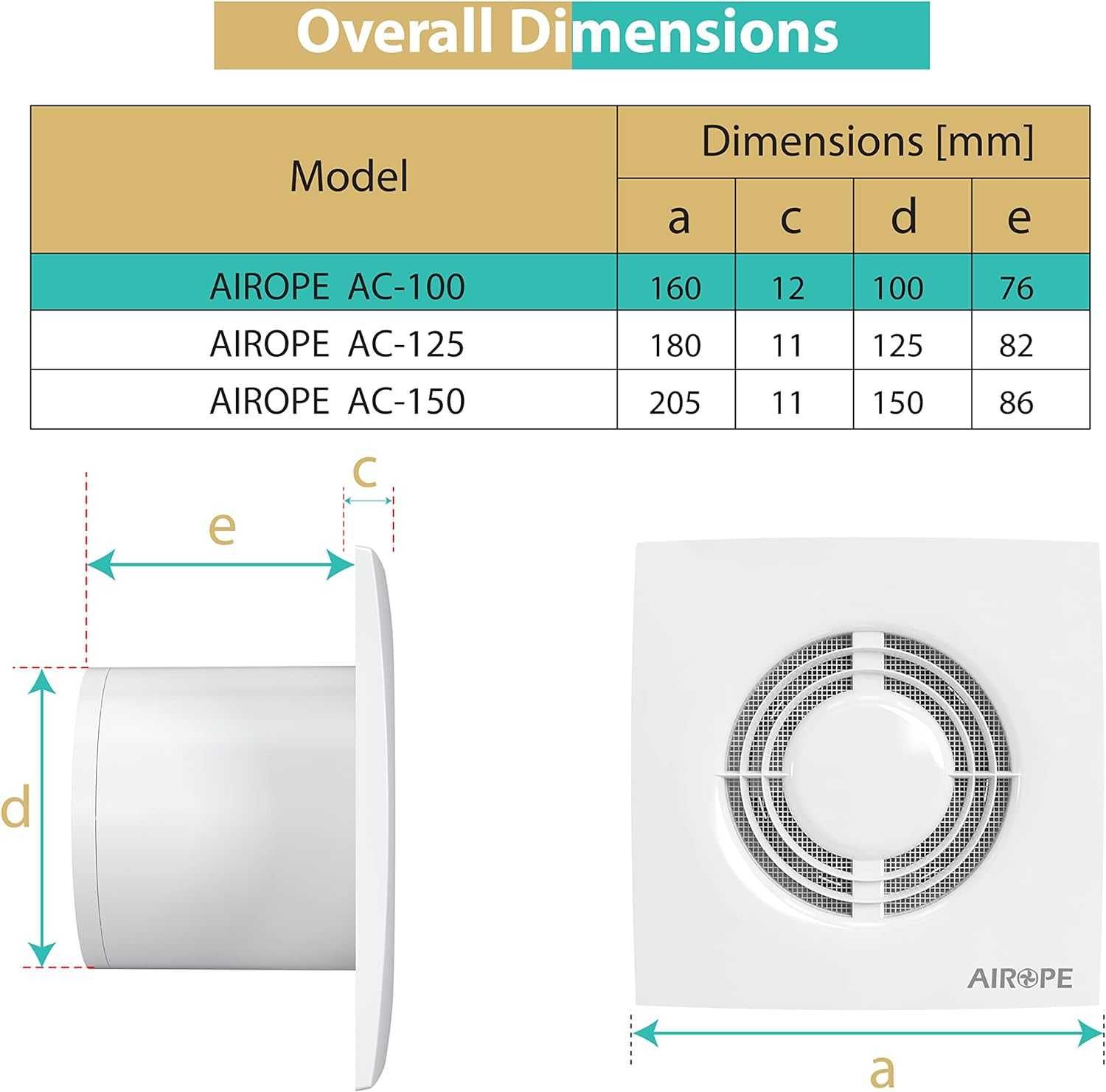 Airope -AC- 100 mm Wentylator, wyciąg powietrza z zaworem zwrotnym