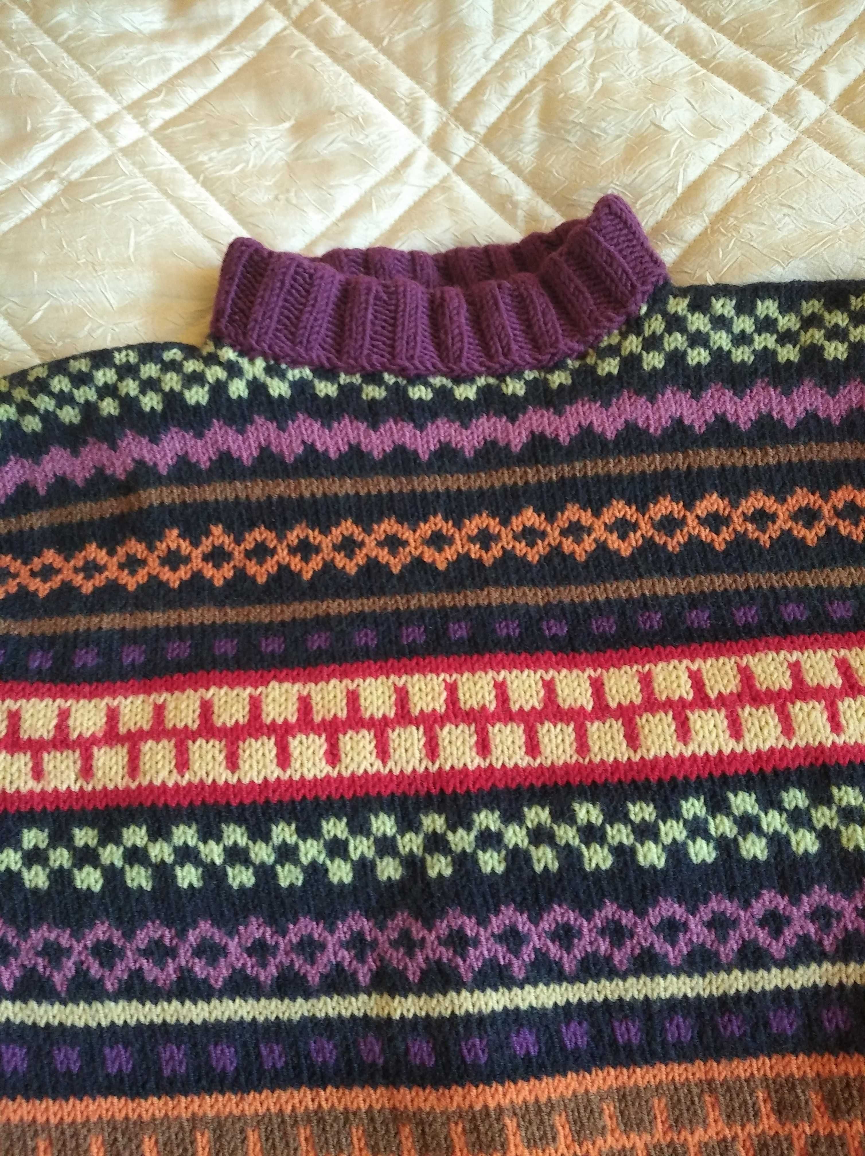 Sweter M boho hippie w paski kolorowy ciepły etno kolorowy golf