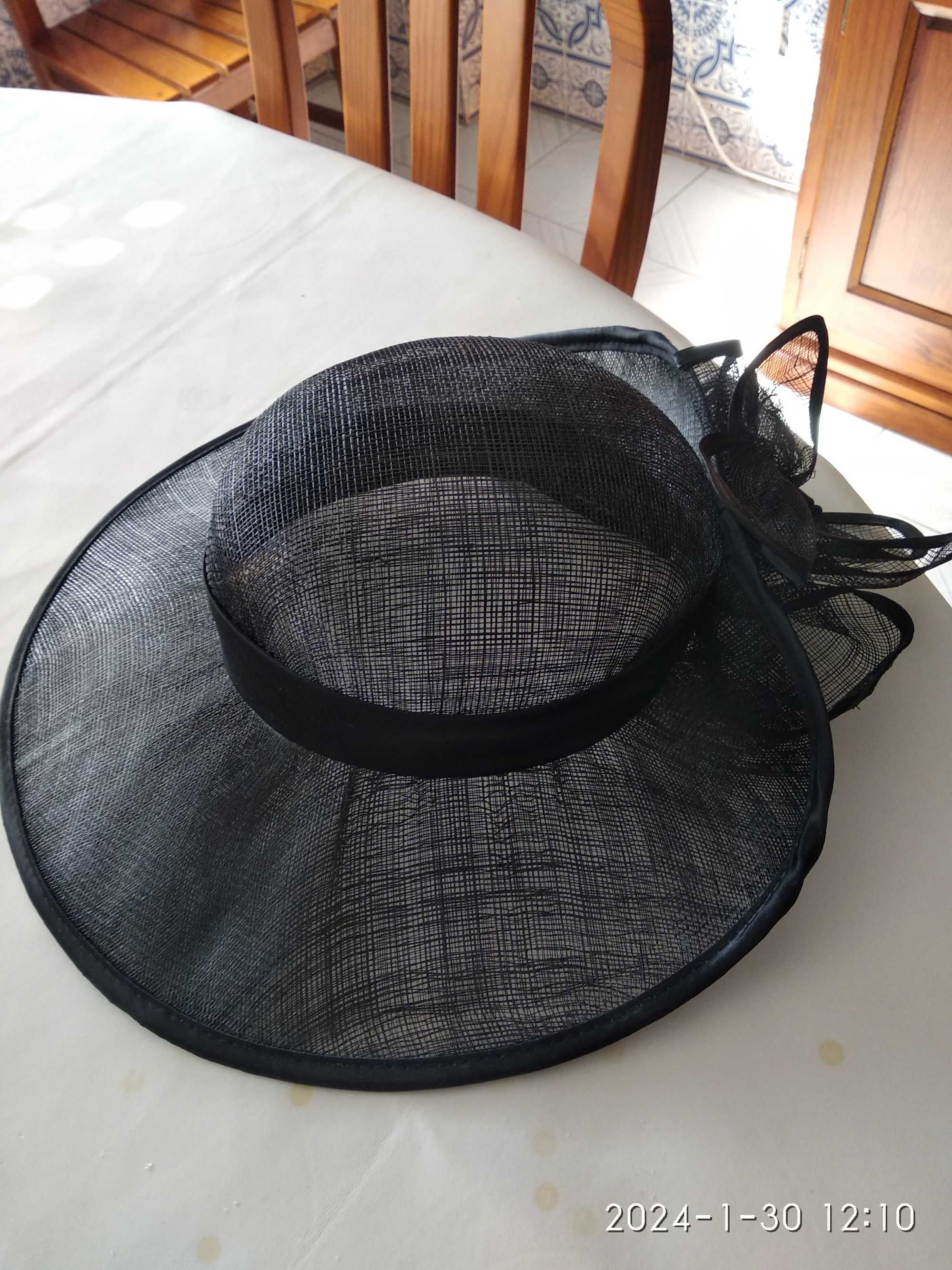 Chapéu preto com fita de seda e laço, 56, 100% palha