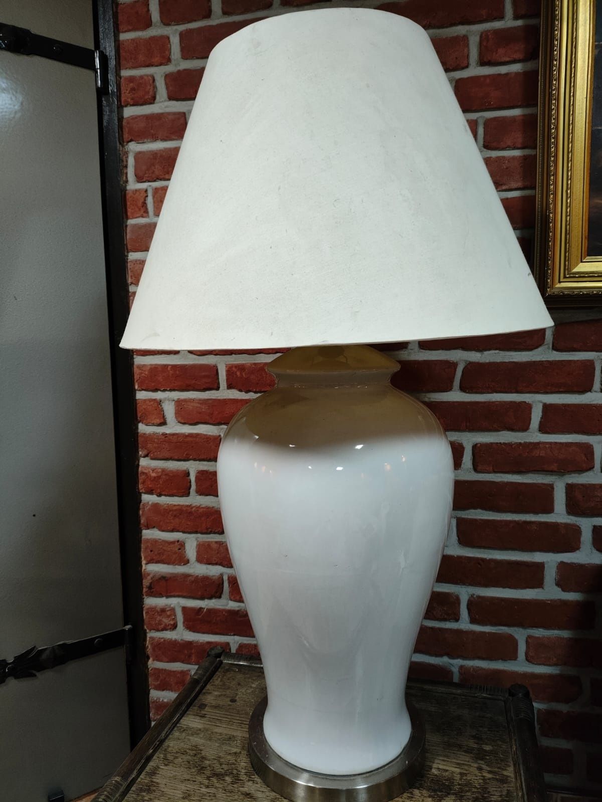 Duża lampa lampka do salonu beżowa szara kremowa abażur