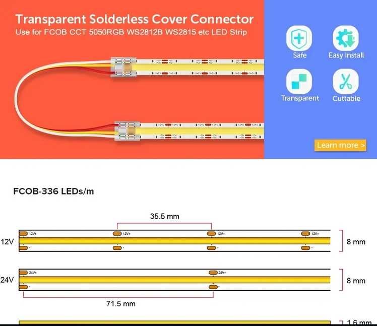 Светодиодная LED лента 24v 336led, FOB COB,RA90,Cool White, длина 50см