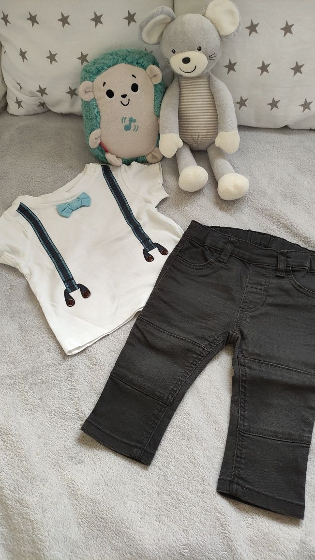 Elegancki zestaw bluzeczka c&a z muchą i spodnie jeansowe h&m rozm. 68