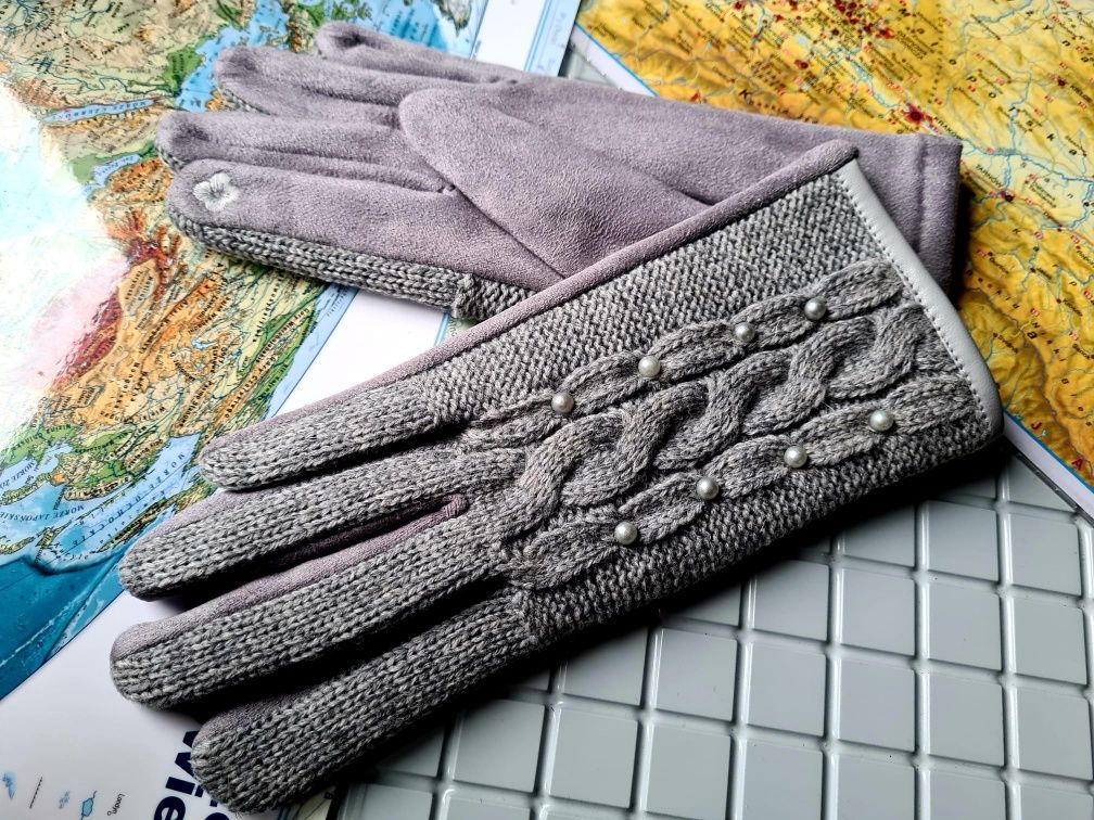 Ocieplane zimowe rękawiczki damskie nowe modne szare