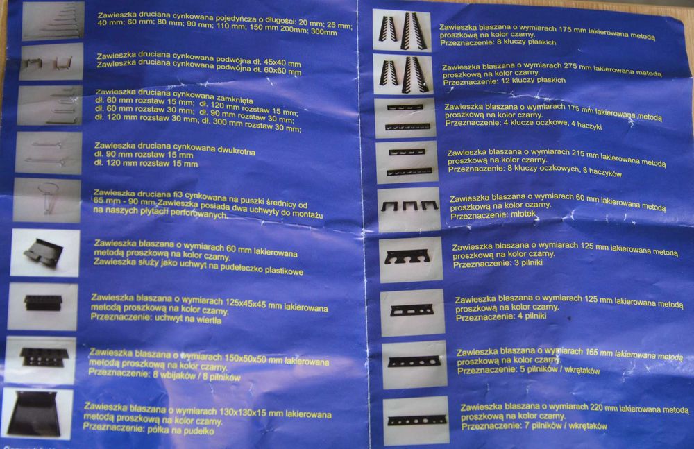 Uchwyty i haczyki do tablicy narzędziowej perforowanej zawiesie listwa