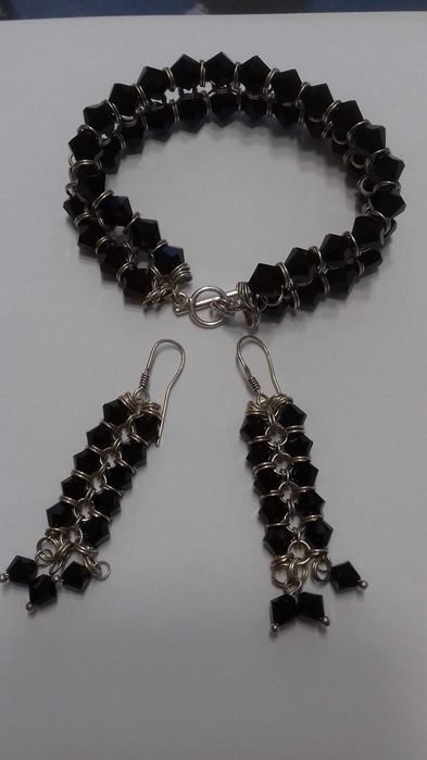 Bransoletka i kolczyki Swarovskiego obsydian czarny naturalny