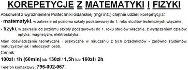 Korepetycje z matematyki i fizyki, również online