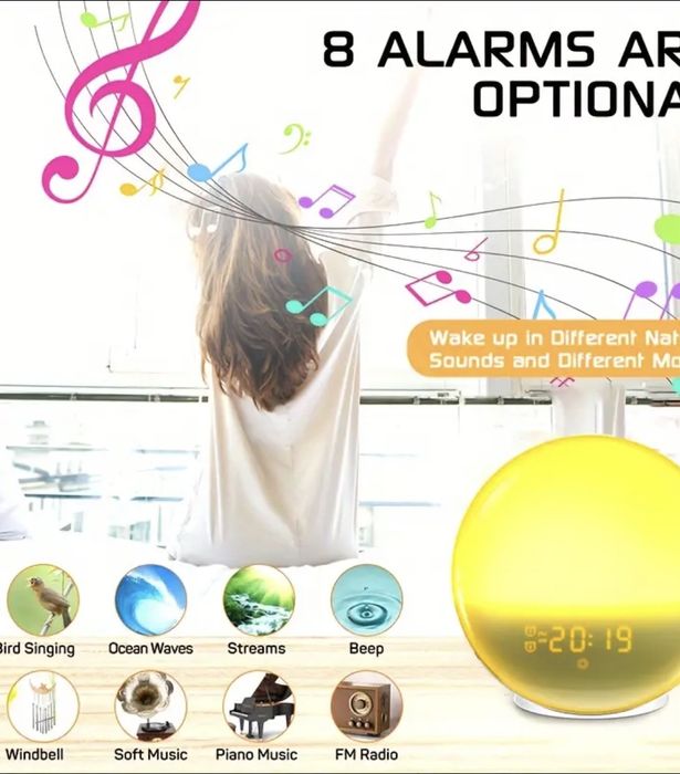 Budzik imitujący wschód słońca lampka radio