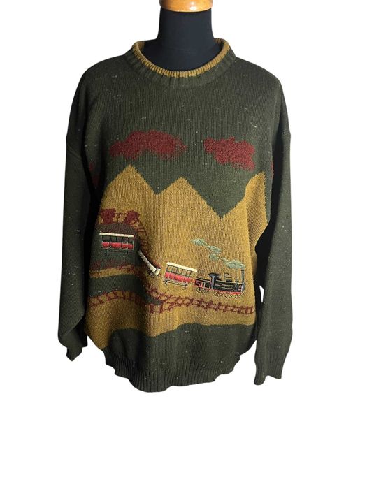Gratka dla fanów retro – vintage sweter męski z motywem pociągu, 80