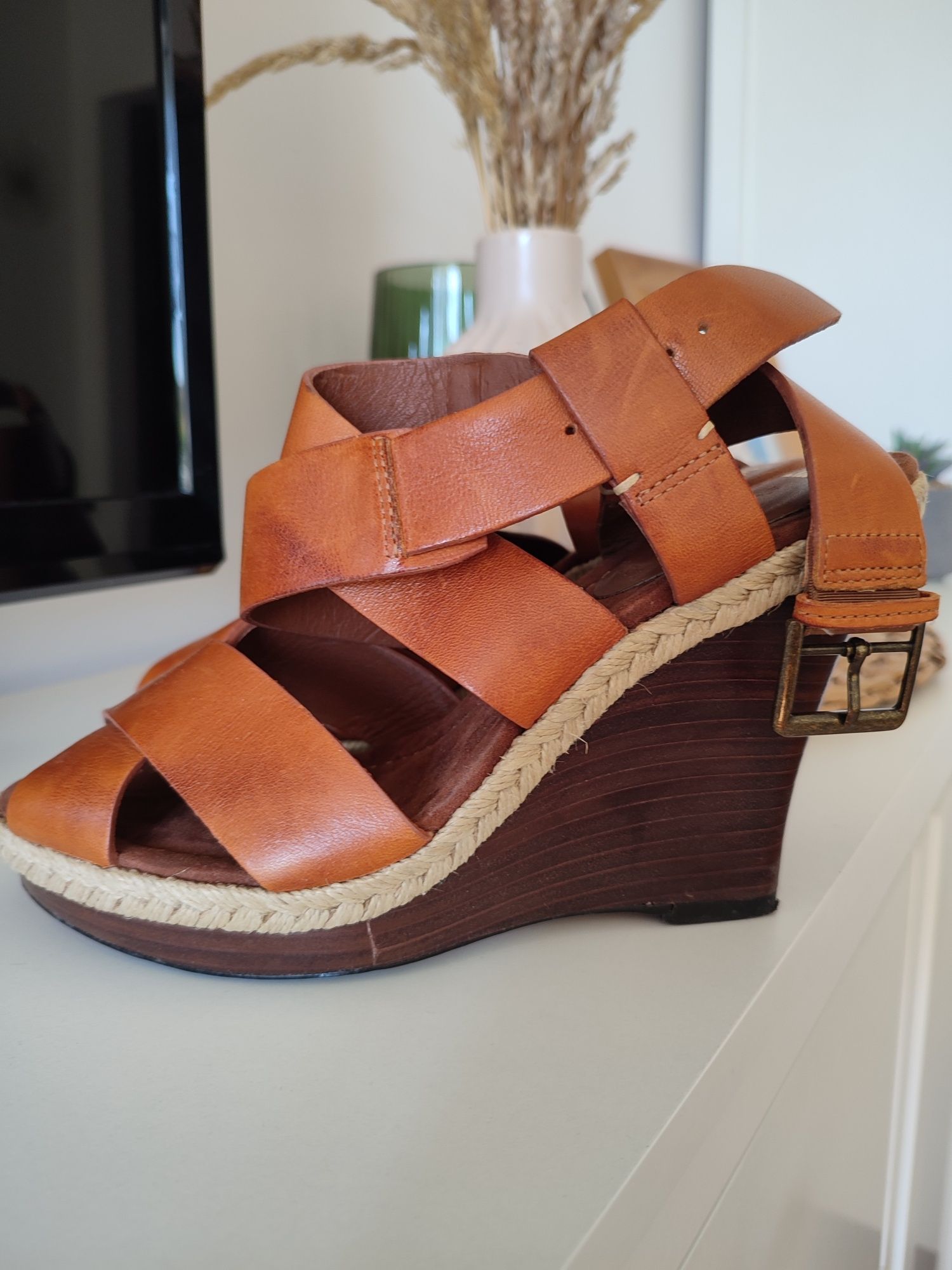 Sandały Clarks 37 koturny espadryle skórzane brązowe sznurek hit lata!