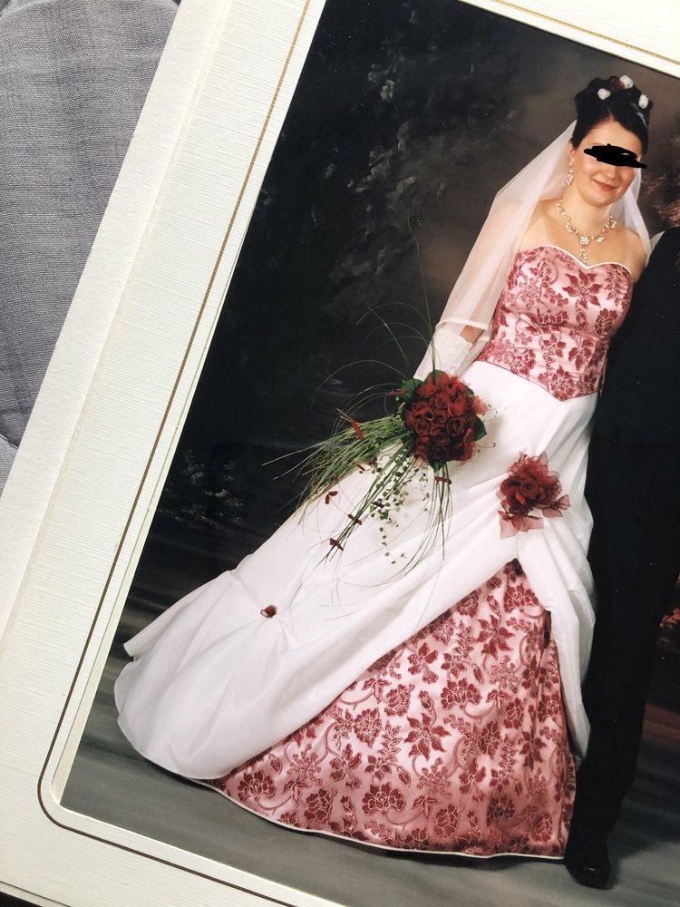 Suknia ślubna piękna oryginalna bordowa kwiaty róże rozmiar 38 M