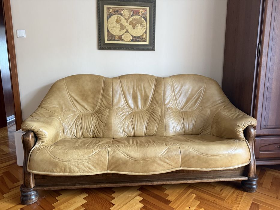 Skorzany komplet wypoczynkowy 3+2+1