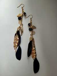 Czarno złote długie kolczyki pióra boho hippie earrings feather