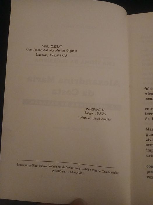 Vítima da Eucaristia, alexandrina de balasar, mariano pinho, 1990