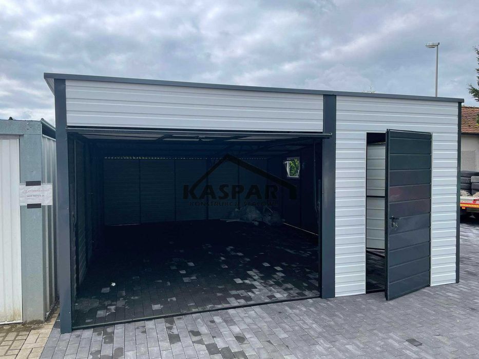 Garaż blaszany 5x6 Brama uchylna x2 + drzwix2 biały spad w tył  GP121