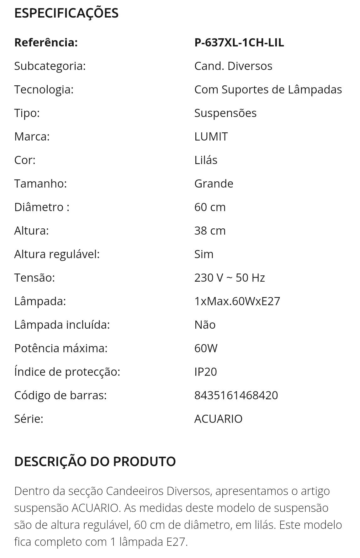 Candeeiro lilás lumit como novo