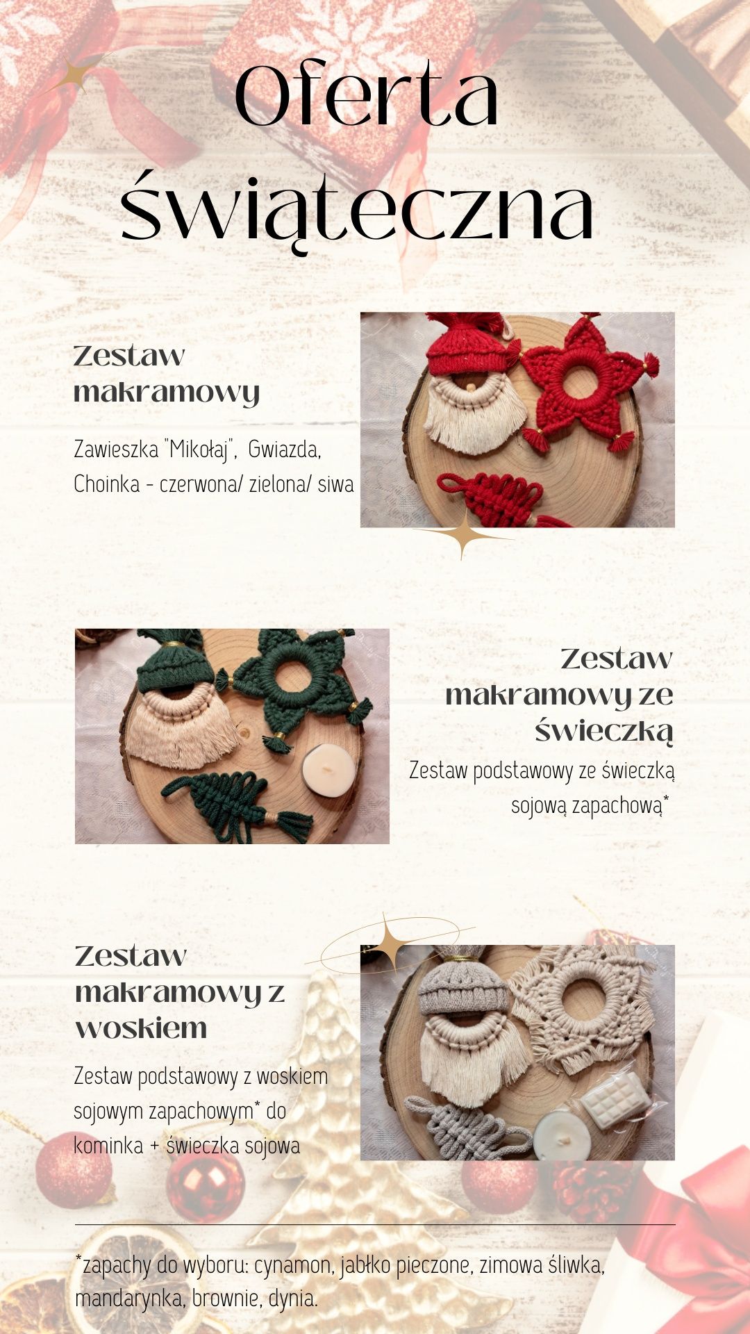 Świąteczny zestaw z makramy z woskiem
