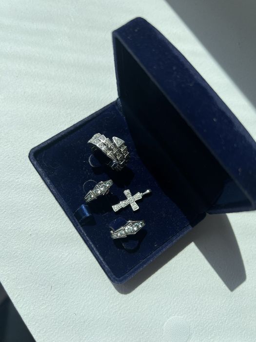 Срібний набір Bvlgari 1:1, сережки, каблучка 17-17,5крестик ланцюг