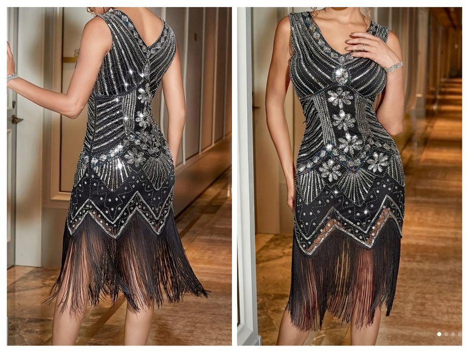 Sukienka cekinowa z frędzlami lata 20, Wielki Gatsby M-L