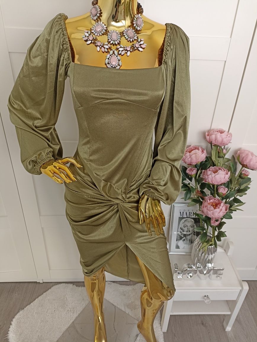 Asos Nowa satynowa sukienka khaki, rozcięcie na nodze  R. M