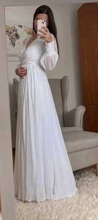 Klasyczna biała suknia ślubna, kopertowy dekolt / rozmiar S (36)