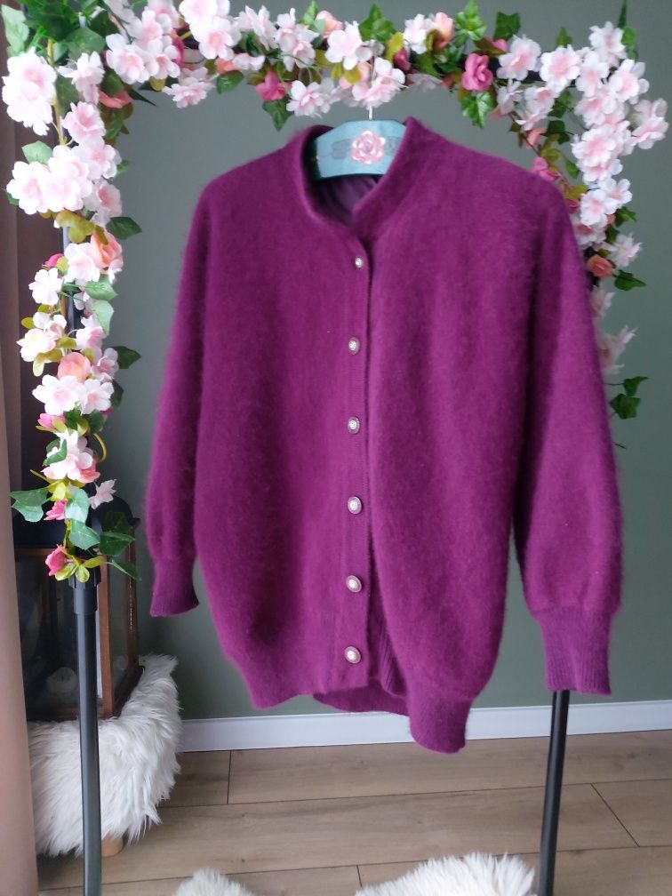 Vintage Uroczy sweter kardigan damski śliwkowy 80% Angora  M/ L