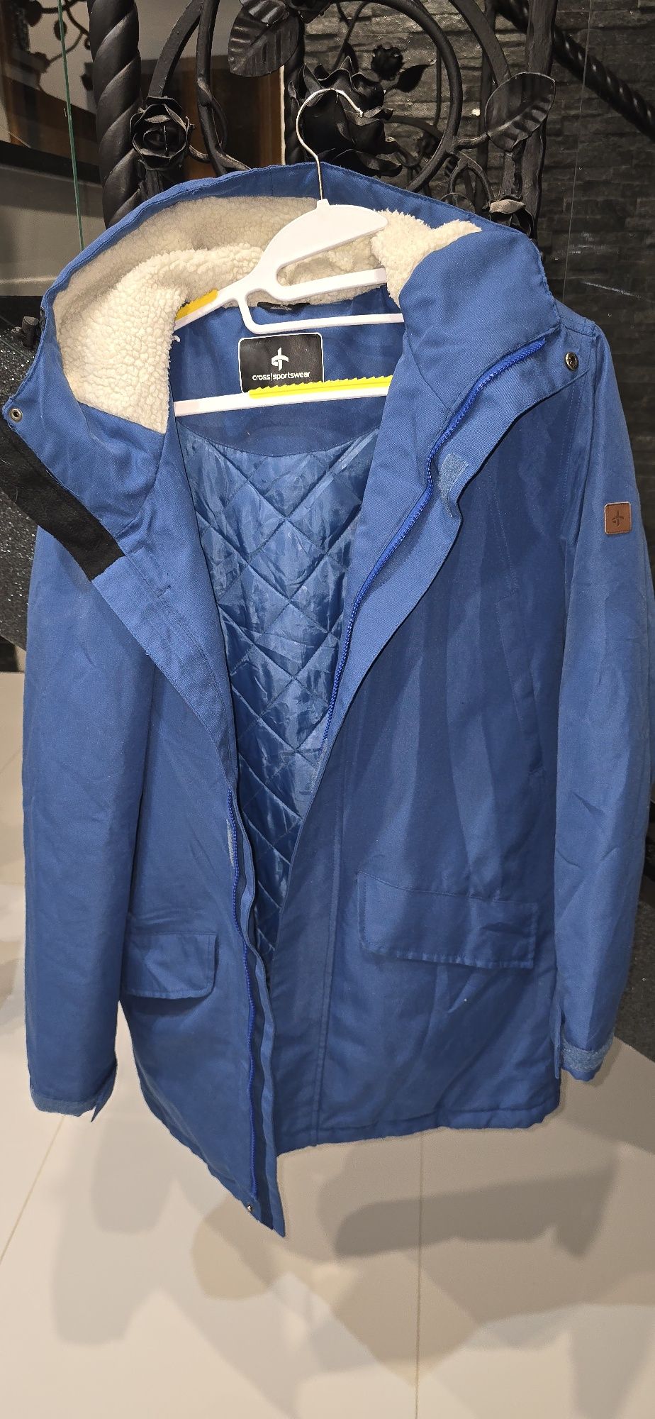 Kurtka parka męska elegancka długa ciepła wygodna niebieska zimowa Cro