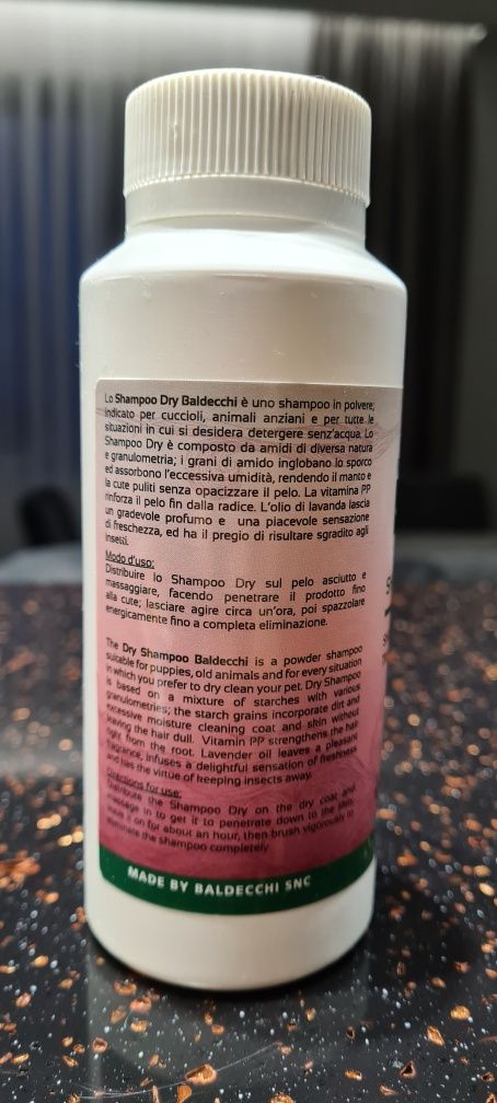 Suchy szampon w pudrze 100g dla zwierząt
Baldecchi Dry Shampoo 100g -