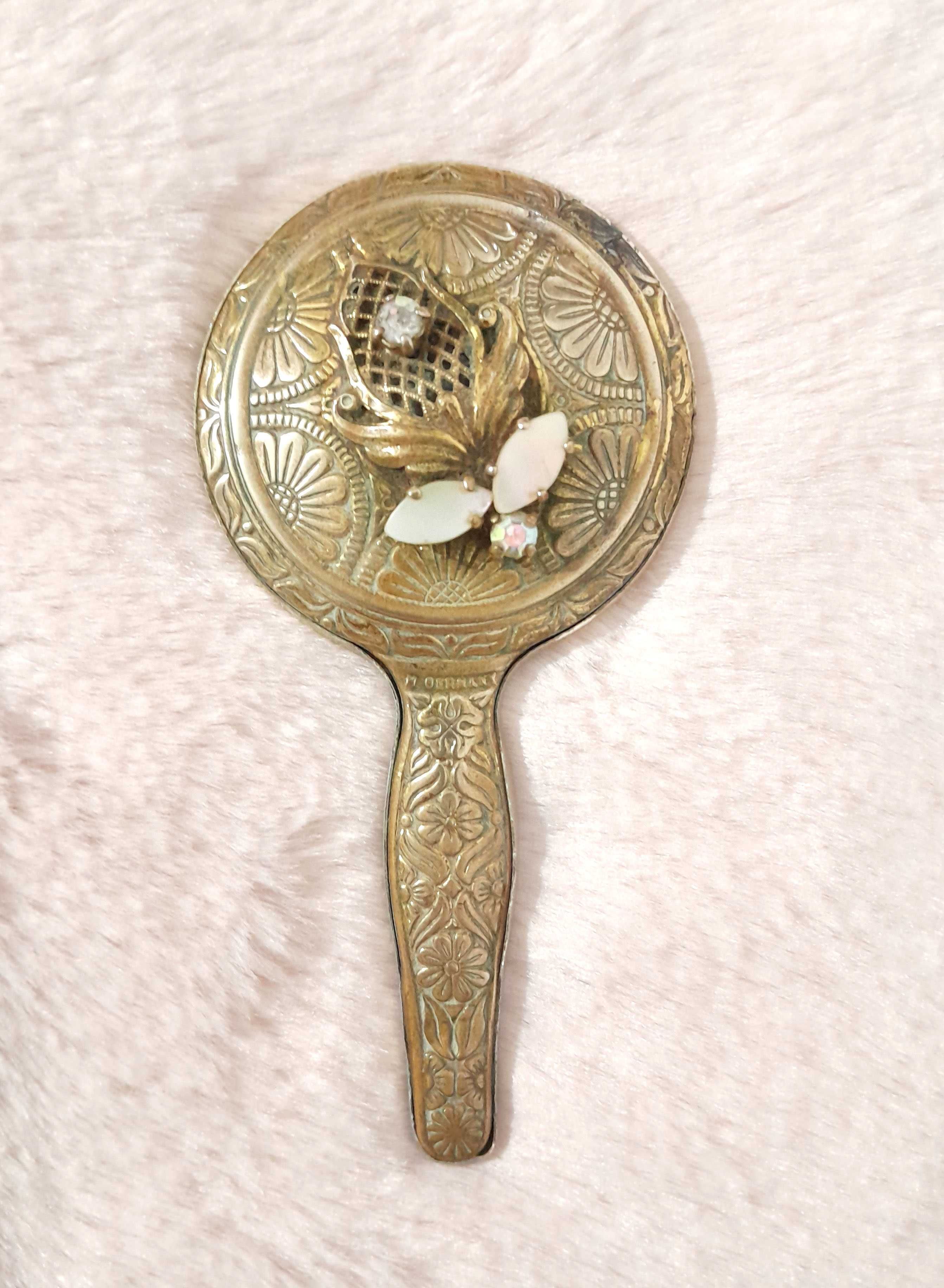 Antigo Espelho de mão miniatura dourado com motivos florais (Raro)