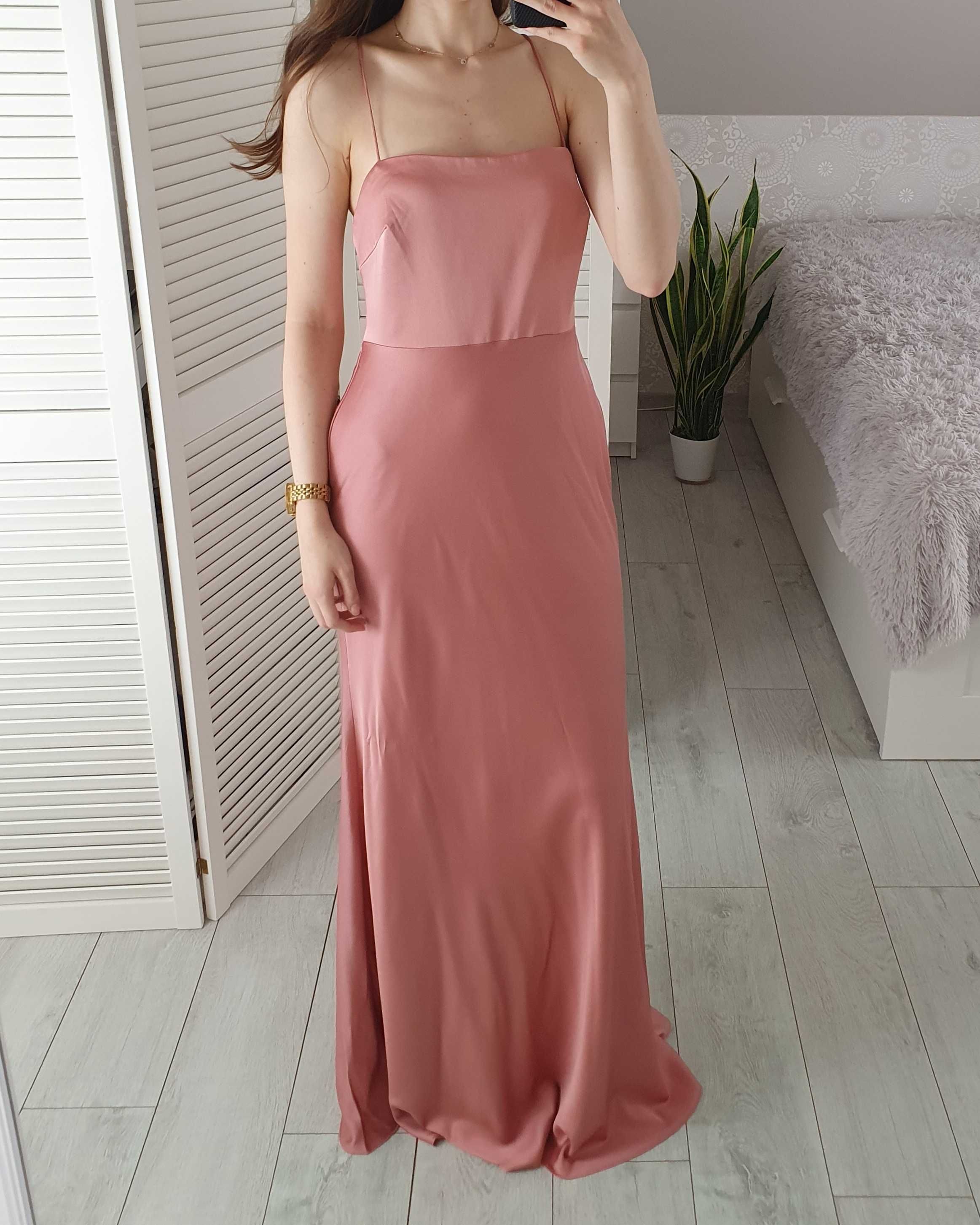 Asos 40 L pudrowa różowa sukienka satynowa maxi na ramiączkach