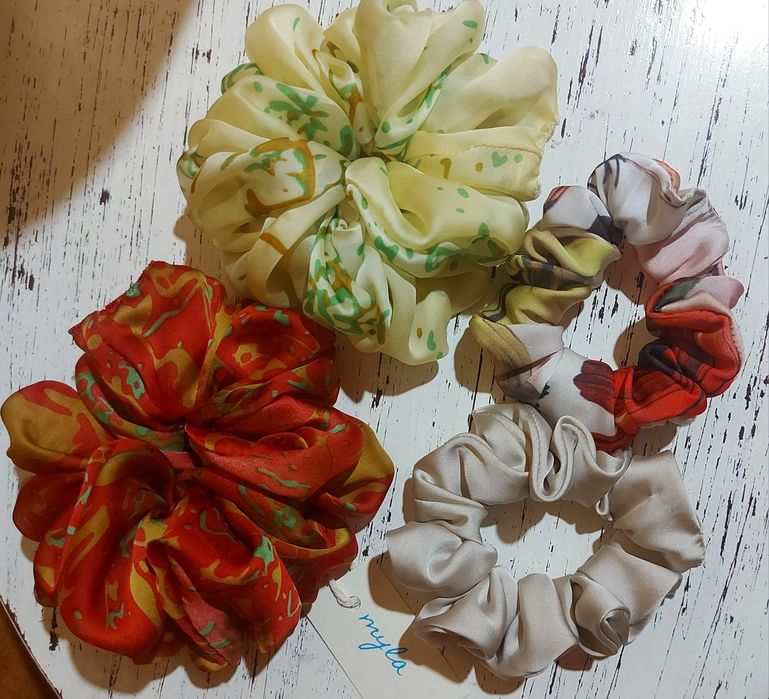 Cieniutki jedwab,  czepek M,  scrunchies  M, XL